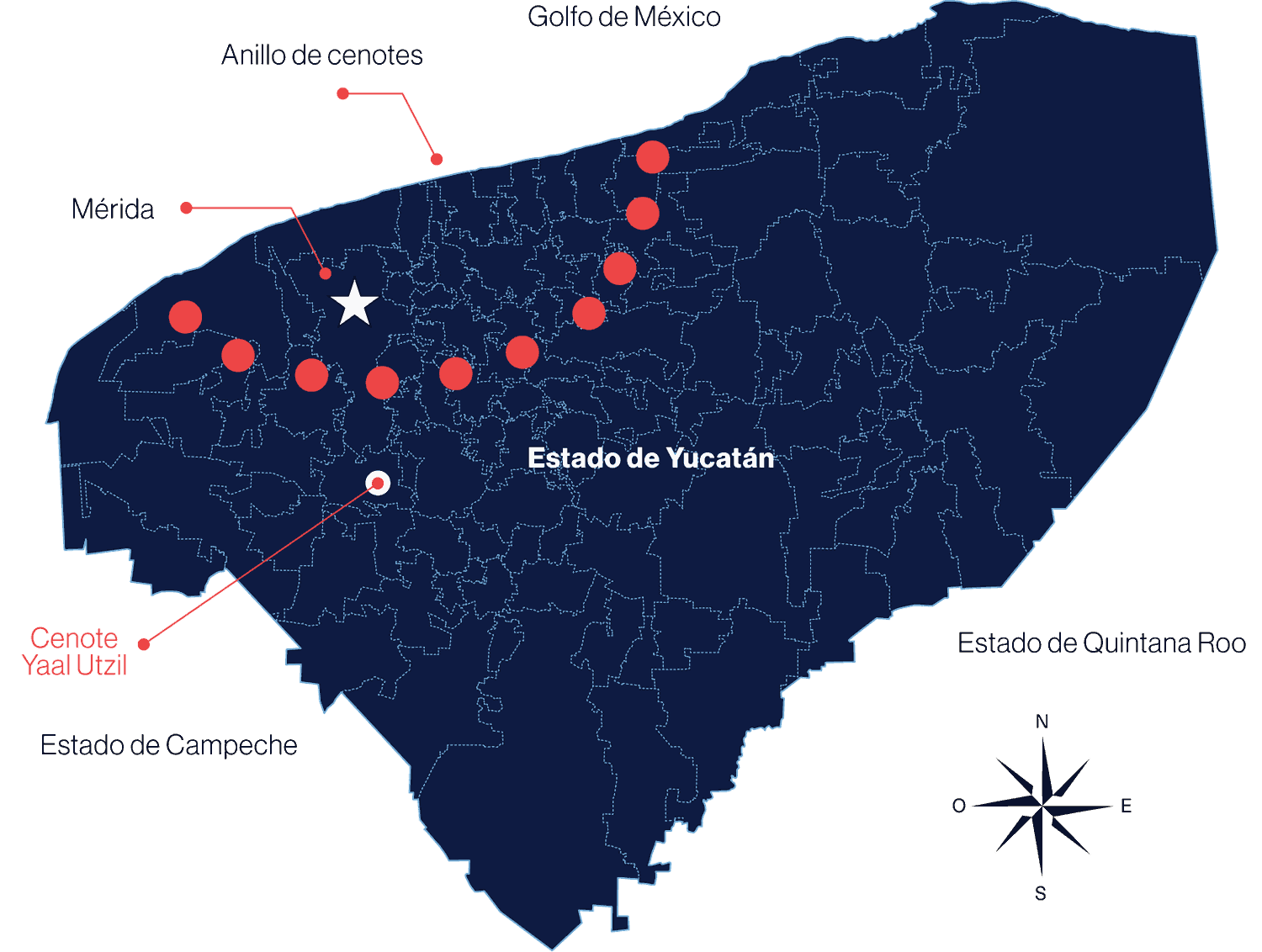 Mapa de Yucatán con los cenotes de enfoque, incluido Yaal Utzil